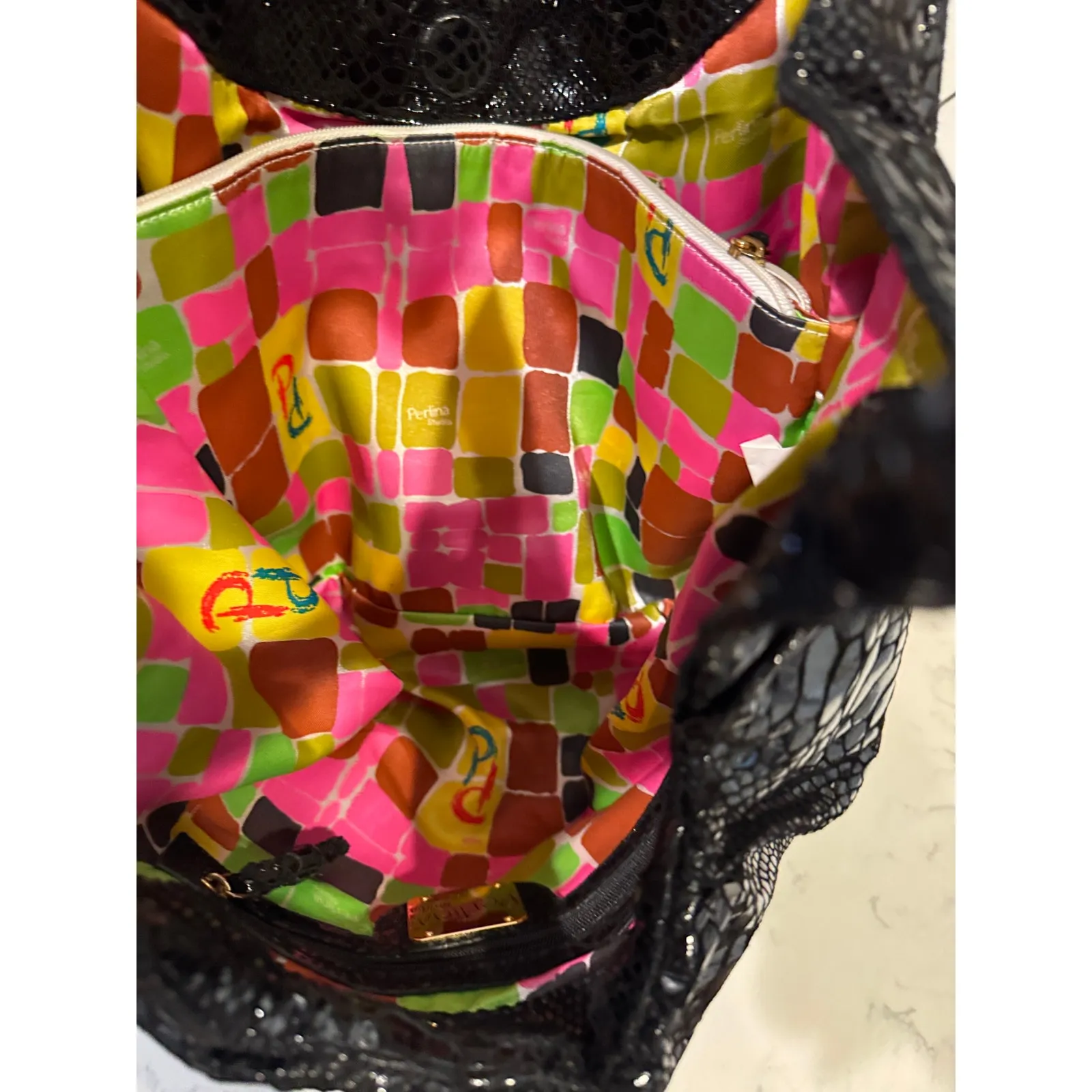 Vintage Perlina Y2K black snake skin leather large hobo bag neutral school work - Image 13