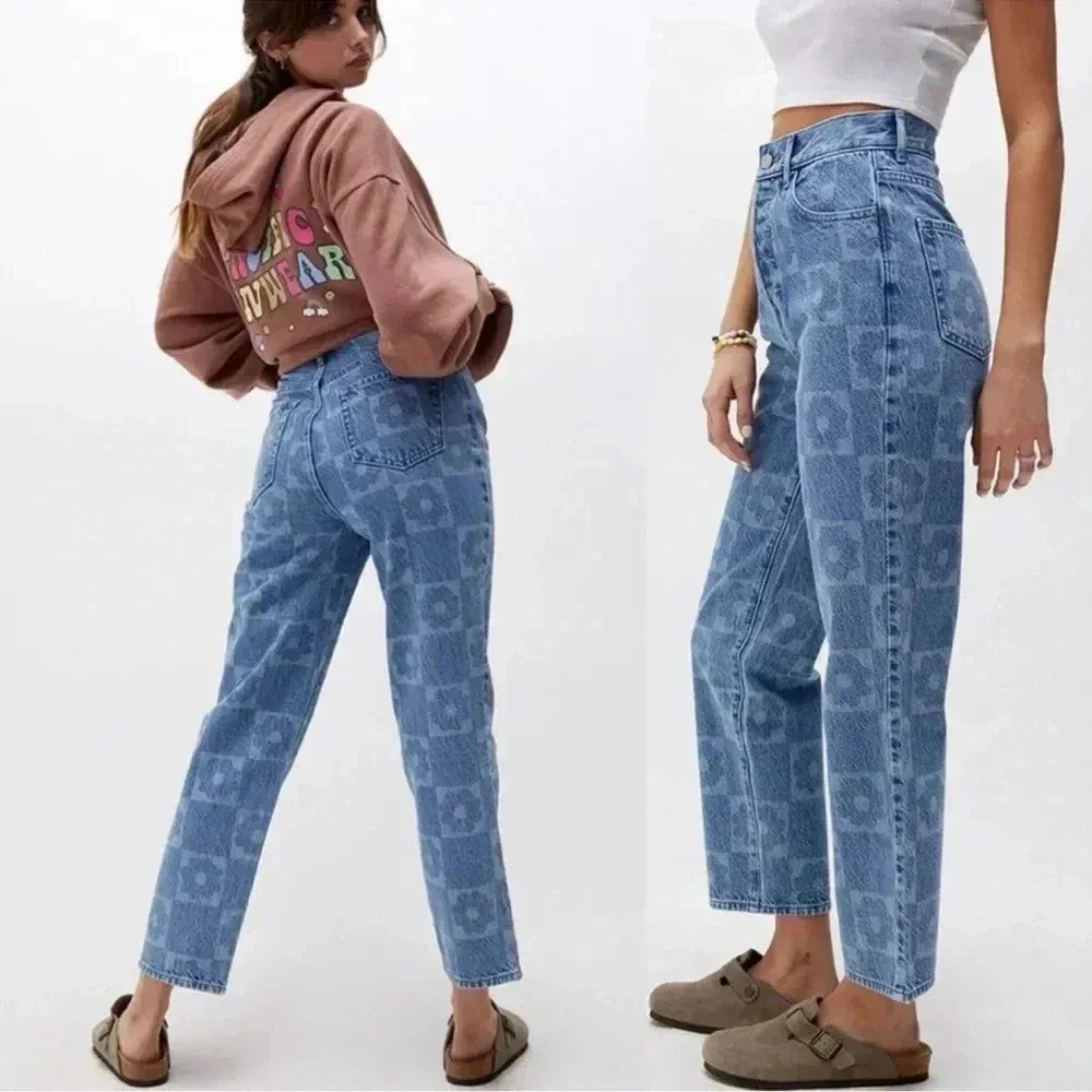 Eco Flower Printed High Rise Straight Semi Wide Leg Jeans - Image 3