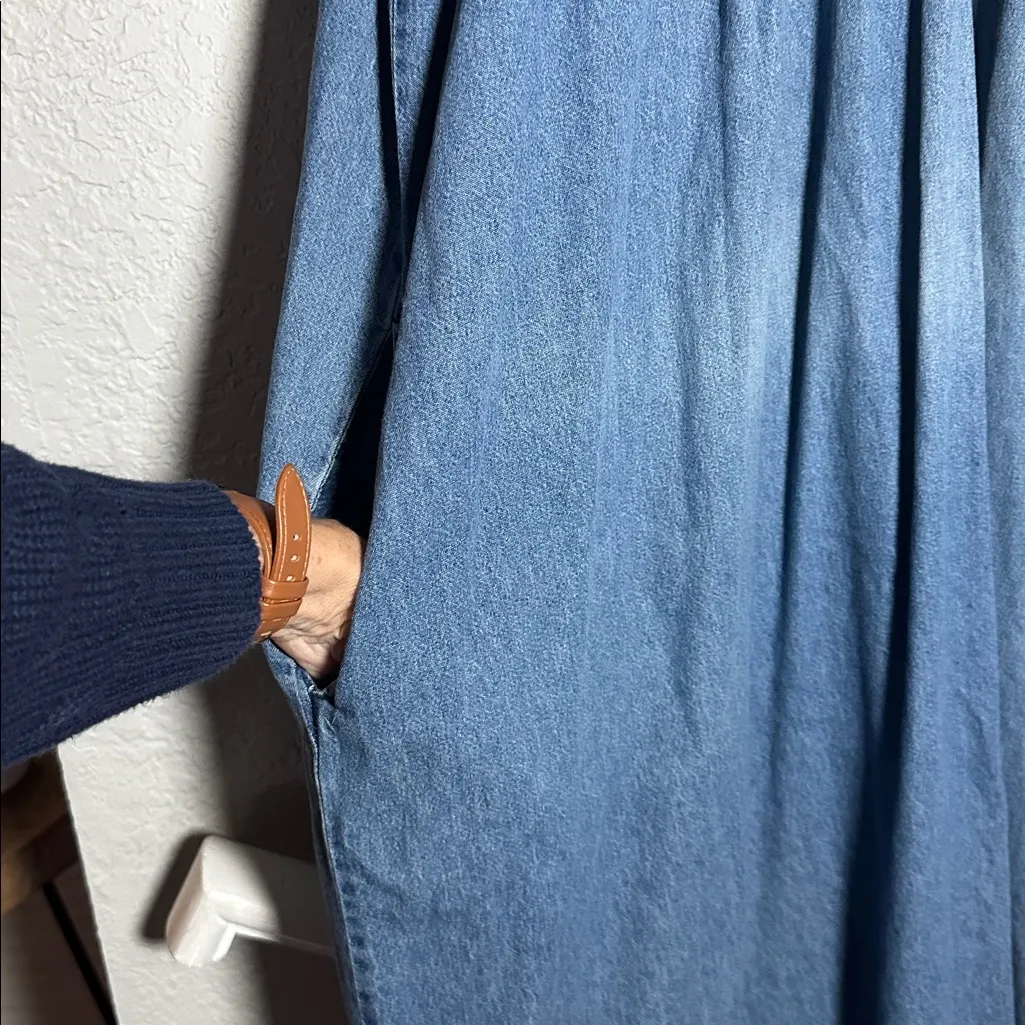 The Vermont Country Store Embroidered Denim Dress Muumuu Jumper Cottage Pockets Blue Size 3X - Image 3