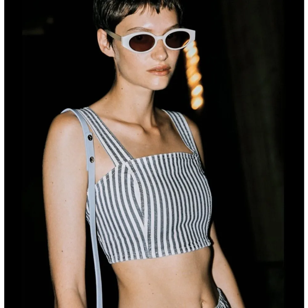 Zara Striped Denim Crop Bodice Tank Top Sleeveless‎ Blue White Small - Image 12