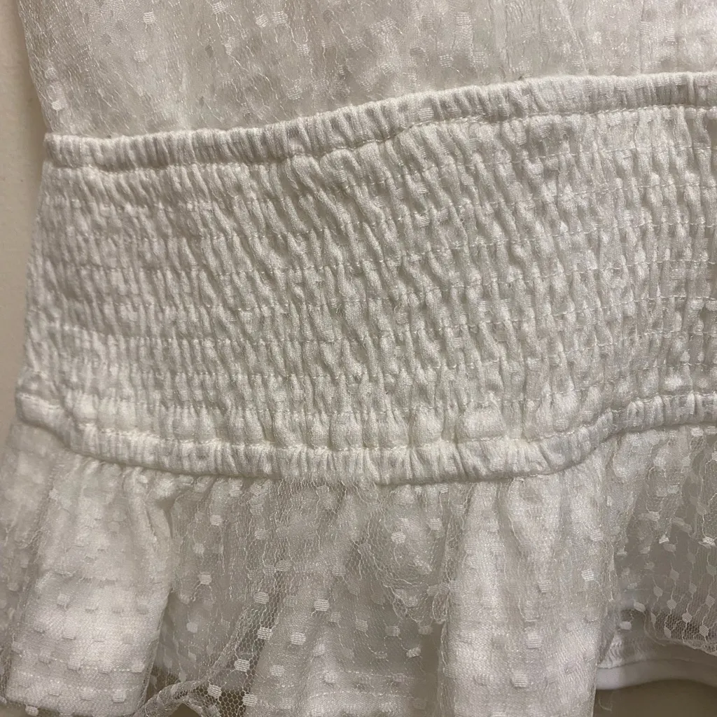 Mi Ami Womens Tank Top S 36” White Dotted Netting Plunge Neck Gathered Ruffled - Image 5