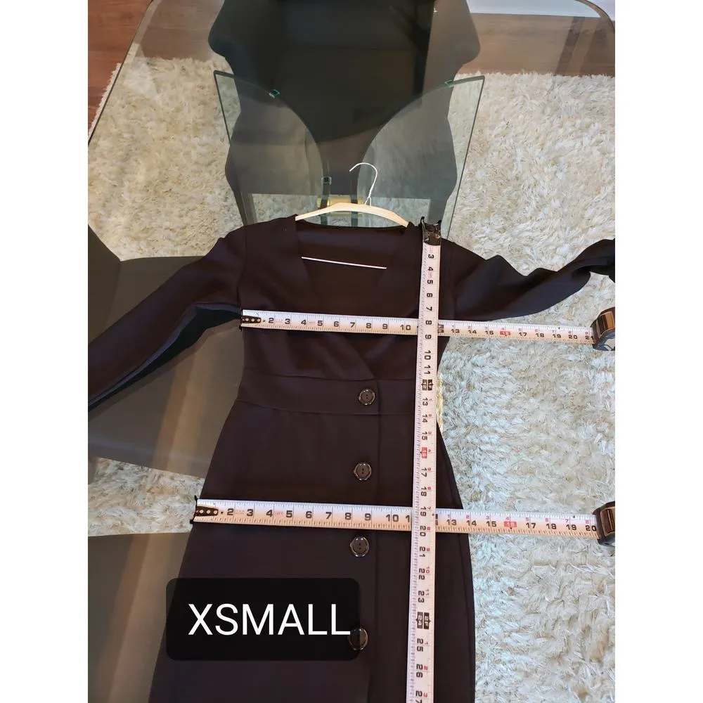 Womens Shirt Dress XS Black Stretch Tight Waist Flare Sleeve V Neck Button Front - Image 7