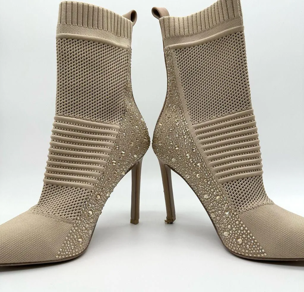Steve Madden Women's Rhinestone Maxwelle Sock Ankle Boot 6.5 Cream Pointed Toe - Image 12