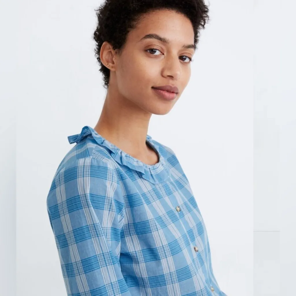 Madewell Ruffle-Neck Colwell Plaid Cotton Top in Ashby Plaid Ocean Wave Size XXL - Image 4