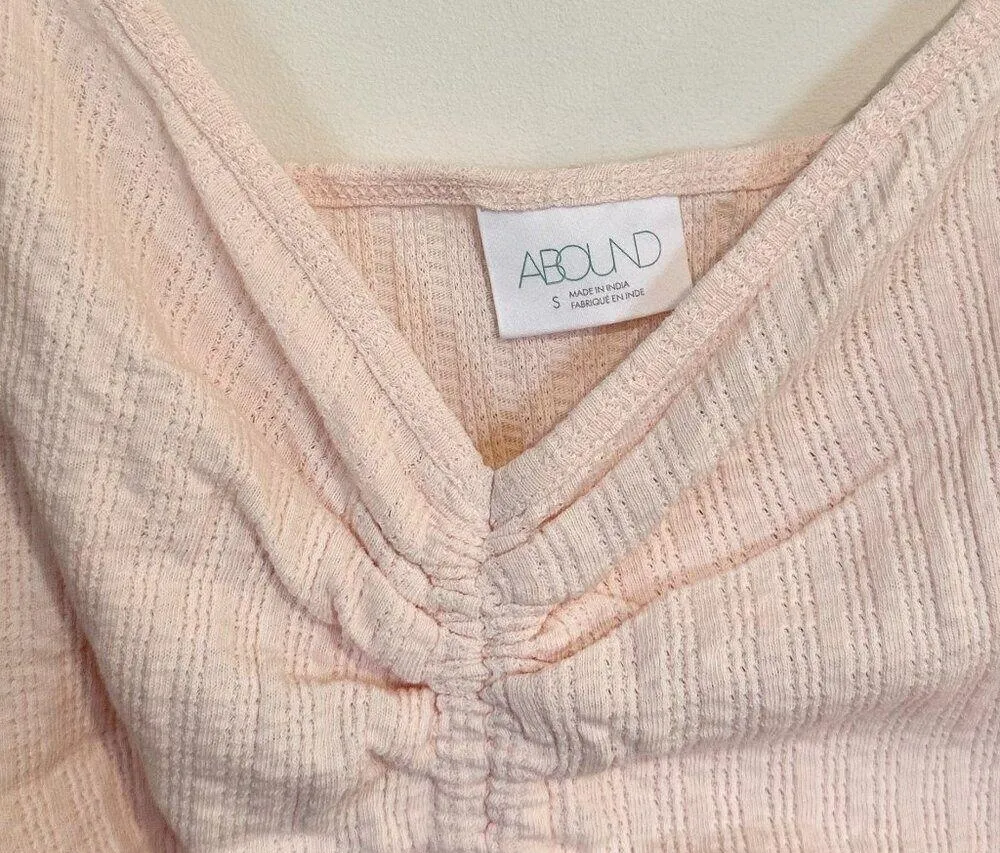 NWT Abound Pointelle Knit Ruched Tie Front Cami Tank Pink Crop Sleeveless - S - Image 3