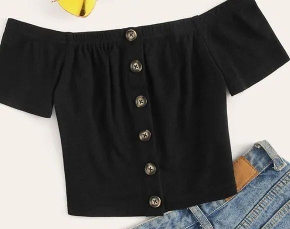 Live in the Moment BLACK RIBBED OFF THE SHOULDER BUTTON FRONT CROPPED TOP IN SIZE LARGE - Image 1