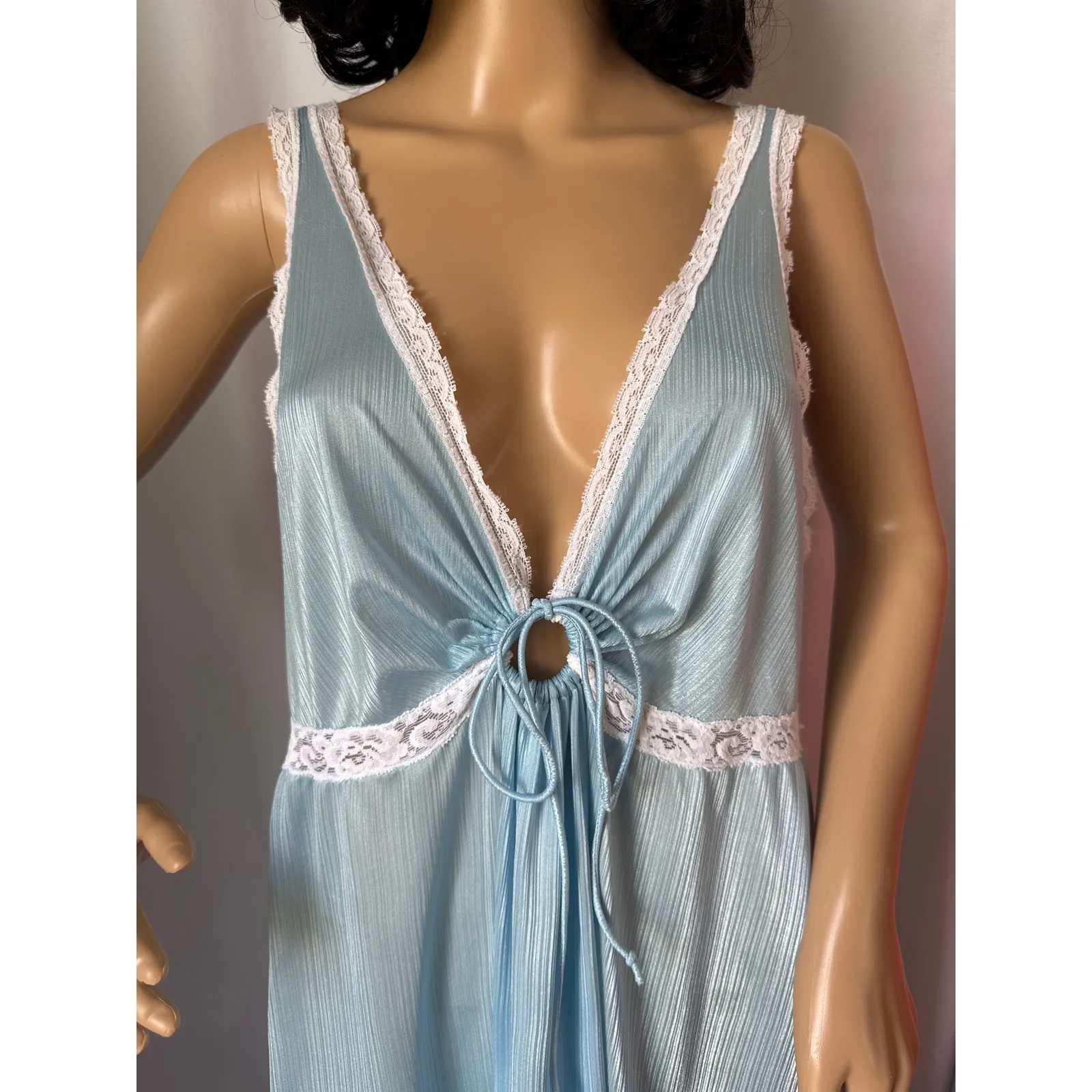 Vintage Baby Blue Night Slip, White Lace Trim Front Keyhole Tie Detail medium - Image 2