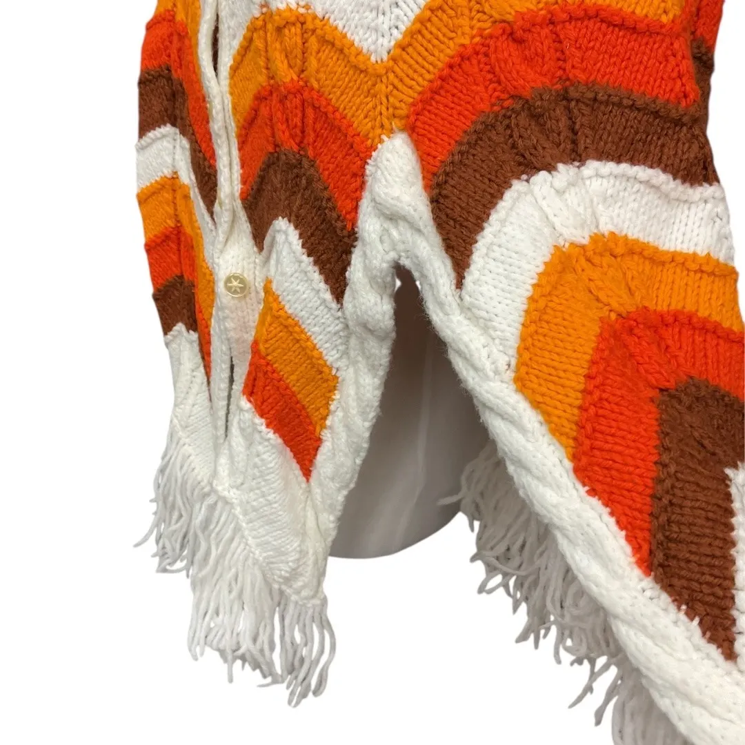 70's Groovy Knit Shawl Poncho Button Wrap Zig Zag Chevron Pattern Fringe Size S Orange - Image 3