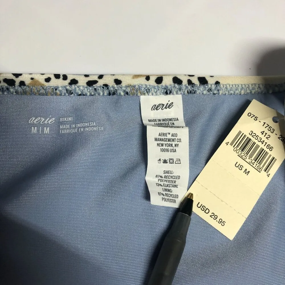 Aerie Bikini Bottom Brief Floral Palm Print Gold Glitter Cut Outs Blue Beige M - Image 3