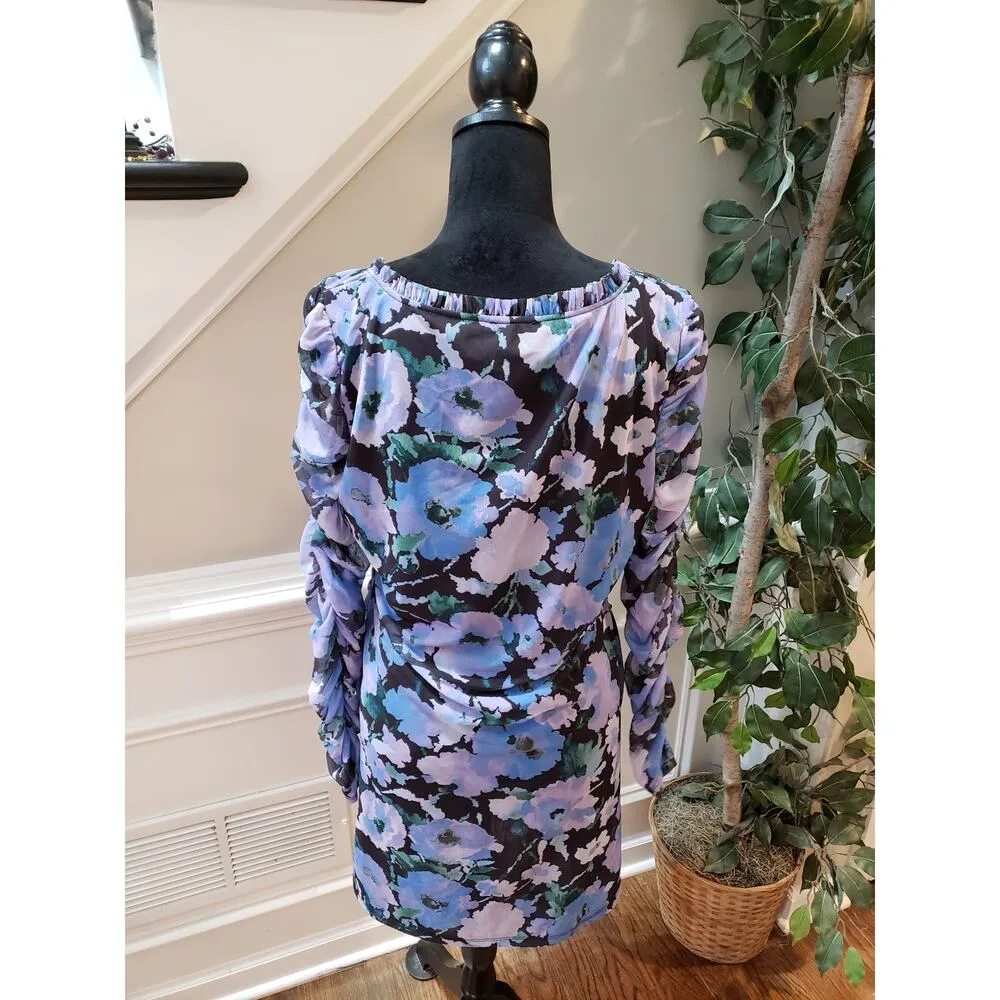 Ruched Floral Bodycon Dress Women Size 14 Purple Blue Mini Ruffle Long Sleeve - Image 9