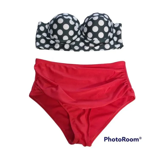 Retro Black White Polka Dot Red Ruched High Waisted Swimsuit Bikini Set M Size M - Image 1