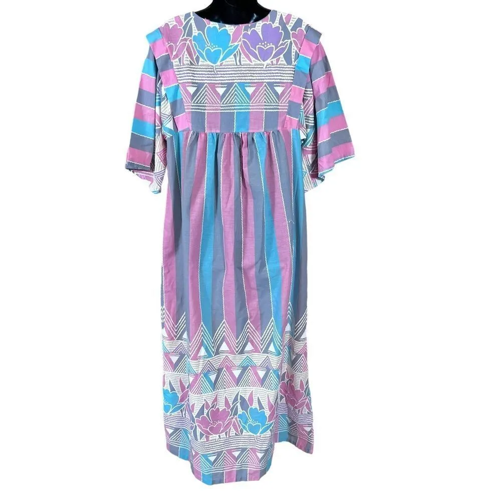 Vintage Sears At Home Wear Pastel Pink Gray Blue Floral Muumuu Dress Size L - Image 13