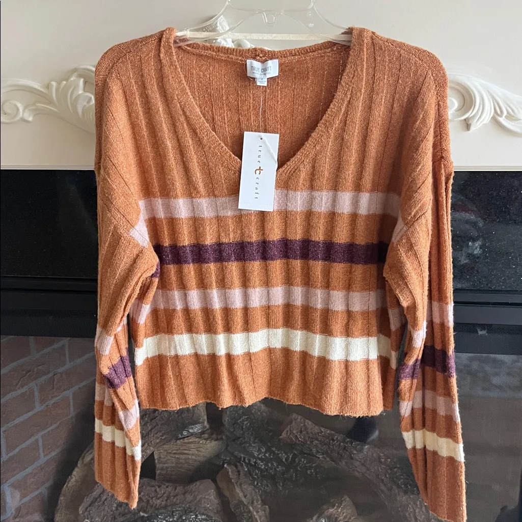 70s Vibe True Craft V-Neck Sweater - Brown and Cream Stripes Cropped New - Image 5