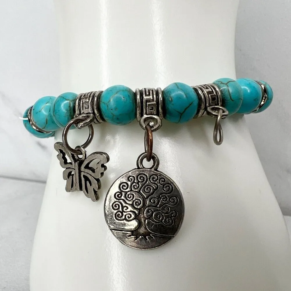 Faux Turquoise Bubble Beaded Rhinestone Butterfly Tree Stretch Bracelet Silver - Image 3