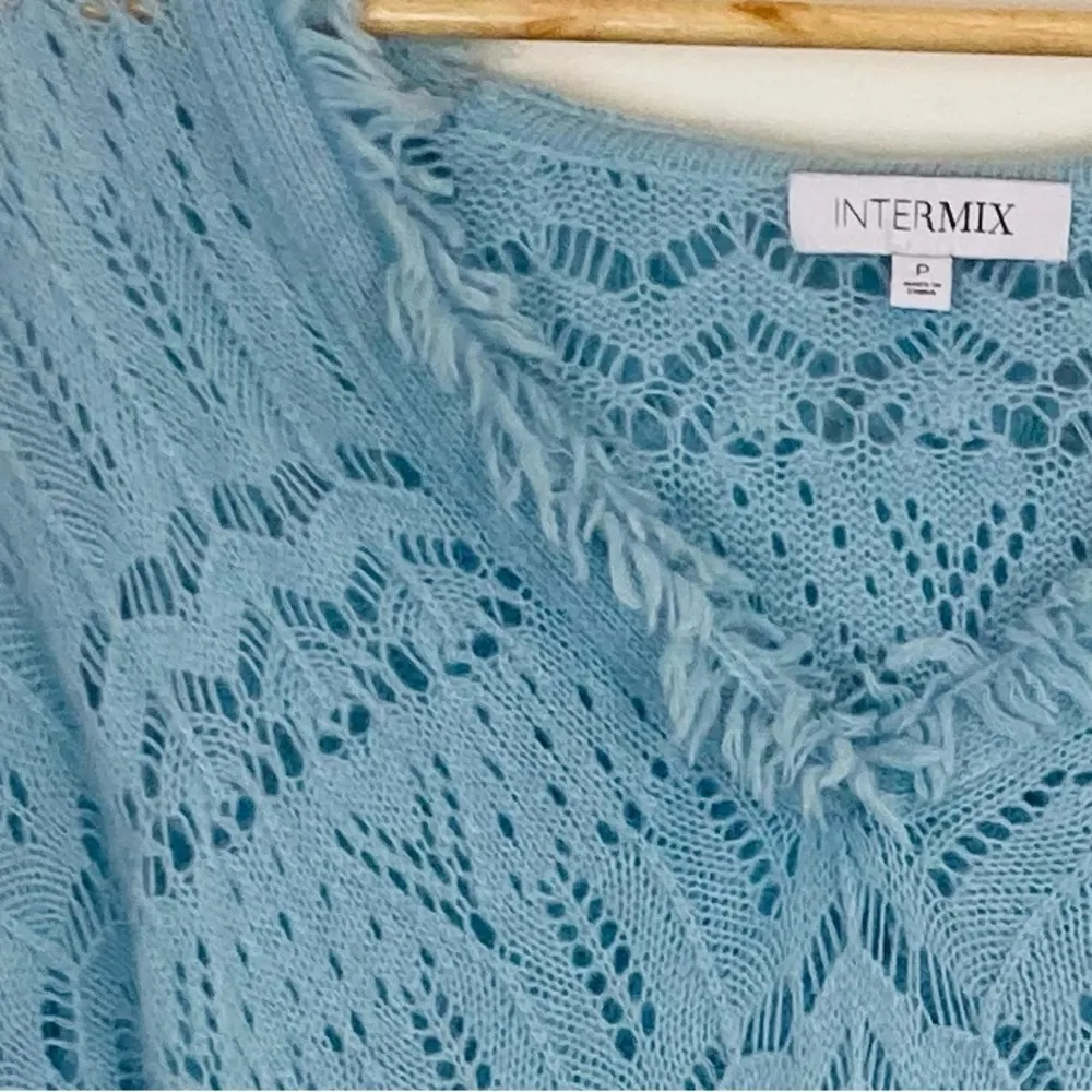 Intermix cashmere wool blend open knit pale blue hooded cardigan sweater. Small - Image 2