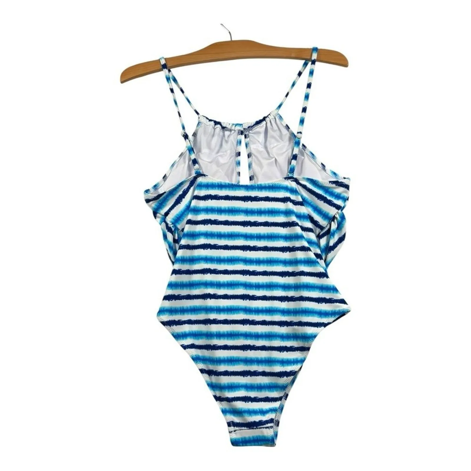 NWT Cupshe Blue Watercolor Stripe Tummy Control One Piece Swimsuit Sz L Beach - Image 3