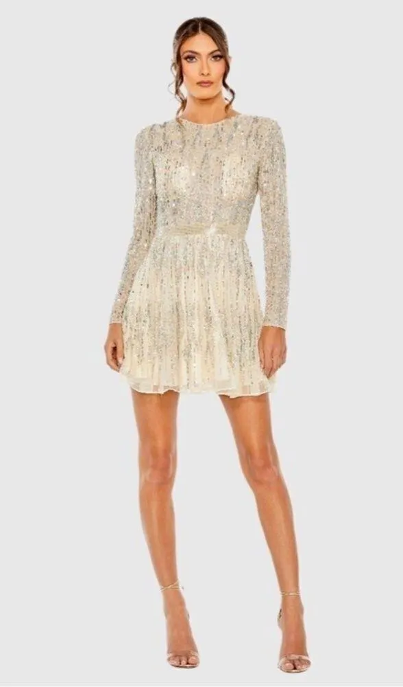 Mac Duggal 5923 Womens Cream Silver High Neck Long Sleeve A Line Mini Dress - Image 1