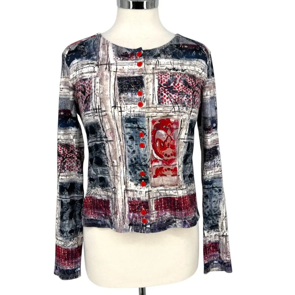 Aventures Des Toiles Abstract Patterned Cotton Cardigan Knit Top Size 38 US 8 Red Size M - Image 2