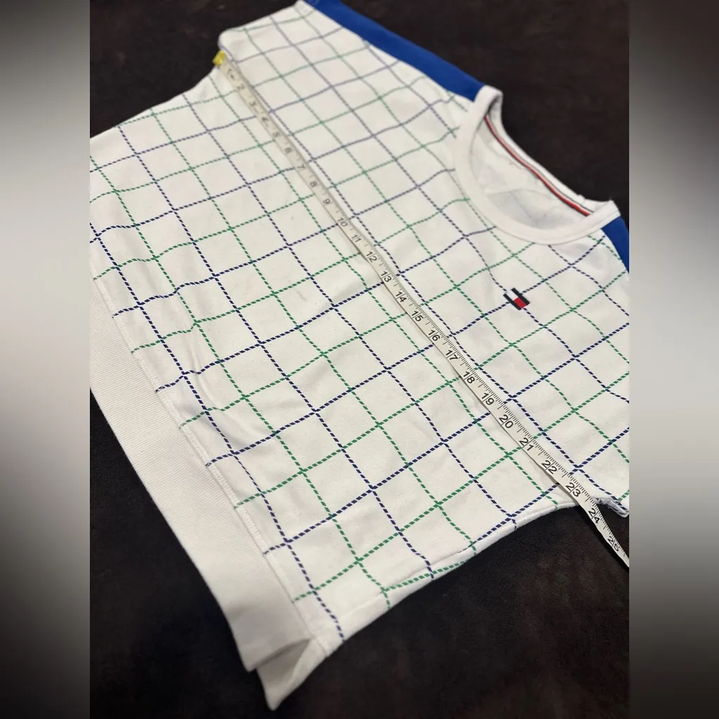 Tommy Hilfiger Sz:M Boxy Green/blue Cropped Cap Sleeve Window Pane Geometric Top - Image 3