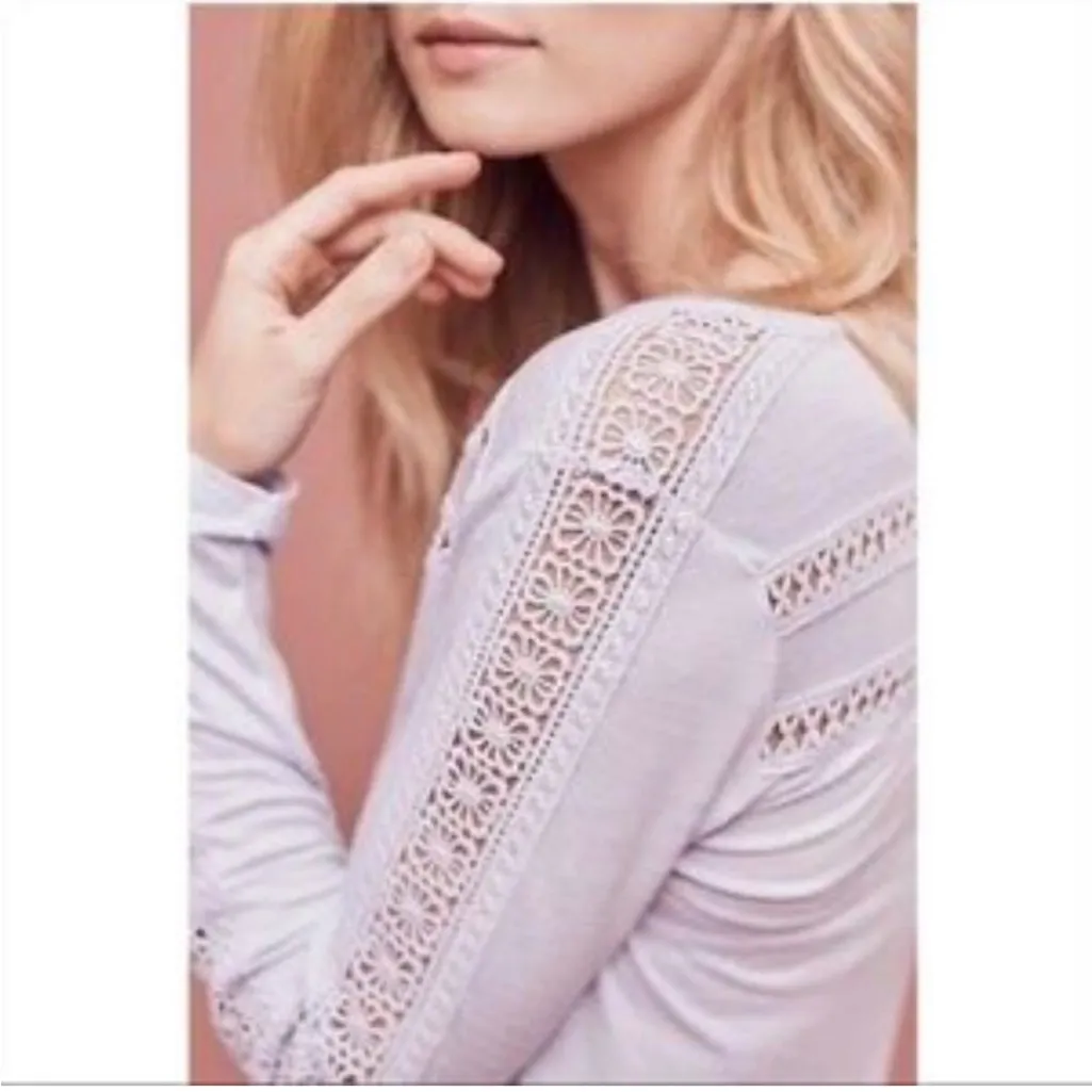 ANTHROPOLOGIE DELETTA Purple Lace Line Crochet Long Sleeve Shirt Size L - Image 4