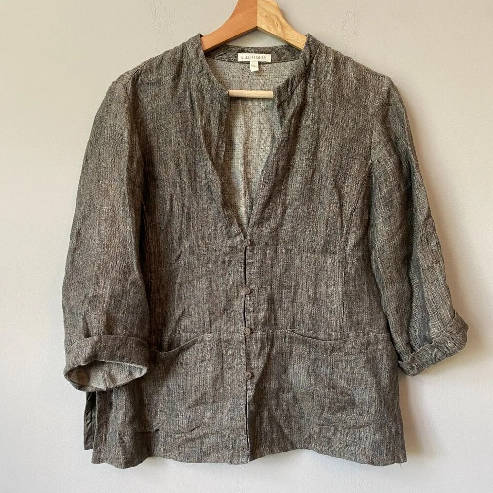 Eileen Fisher Womens Small 100% Linen 3/4 Cuff Sleeves Blazer Jacket Lightweight - Image 3