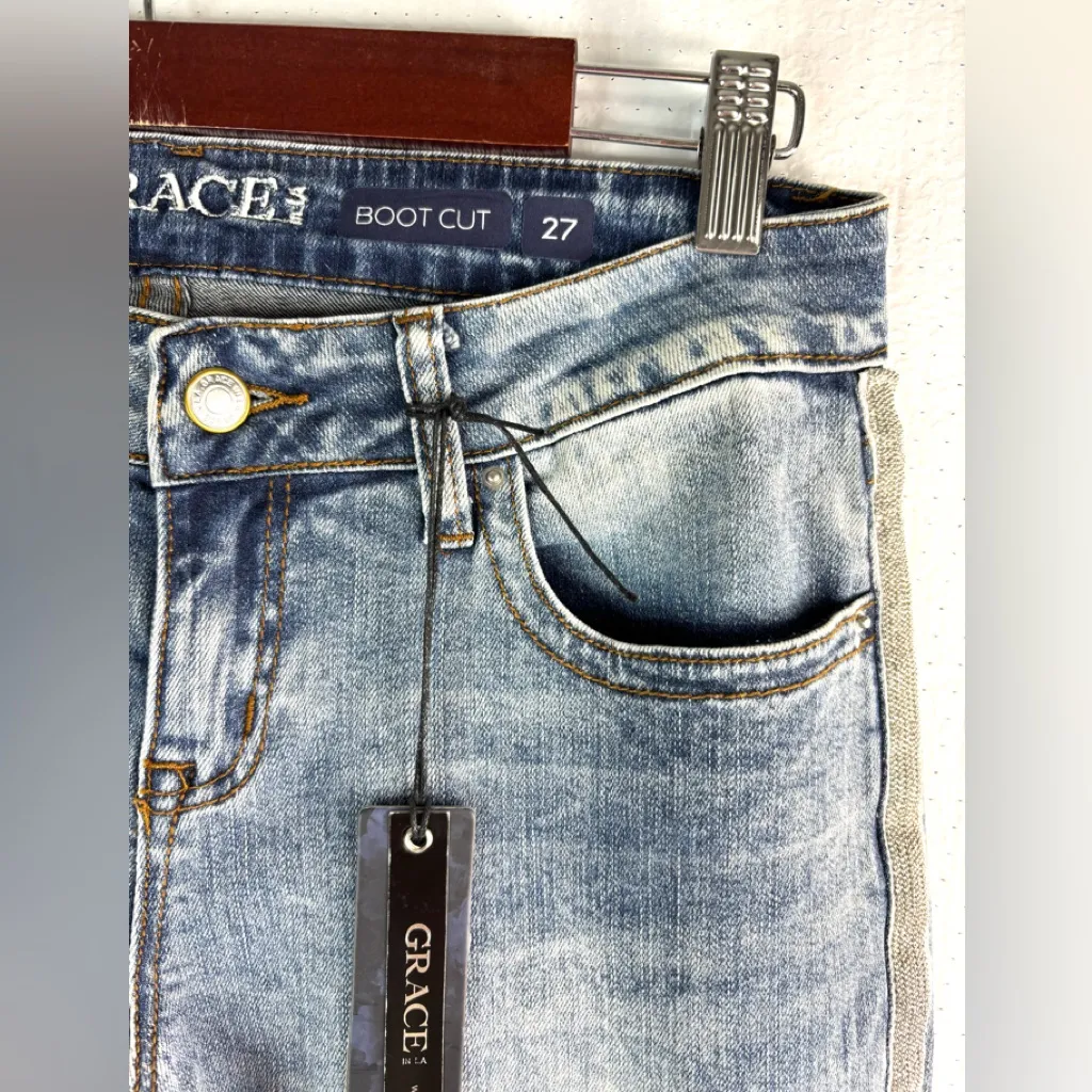 Grace in LA 27 Light Blue Distressed Boot Cut Jeans with Silver Strip Detail - Image 7