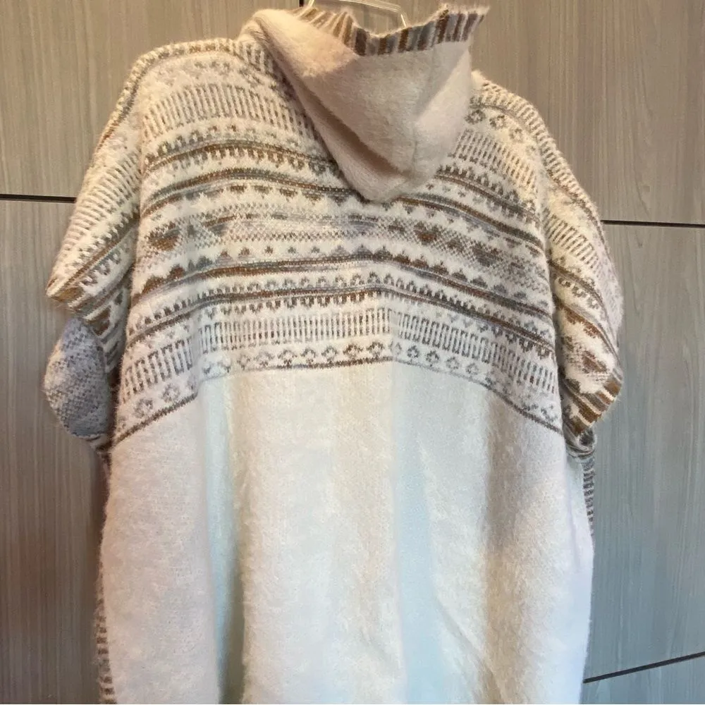 Boho Poncho Hooded Shawl Cardigan Cozy Sweater Coat One Size Cream Brown - Image 8
