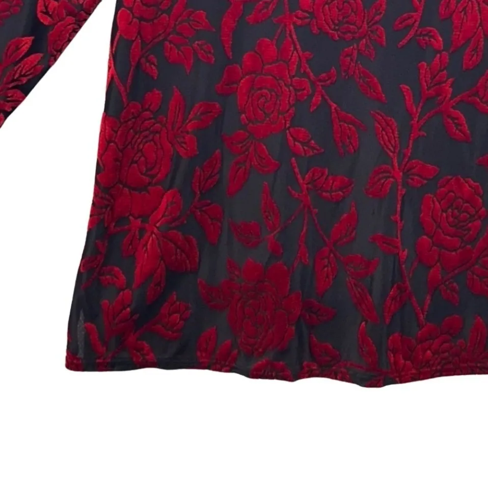 90s Womens Top Small‎ Whimsigoth  Goth Red Dark Romantic Velvet Burnout - Image 5