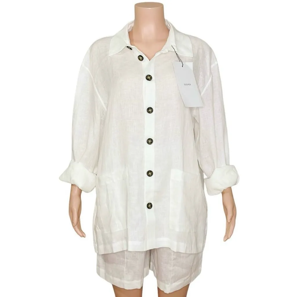 SLEEPER Linen Pajama Set With Shorts, White, XS/S - Image 7