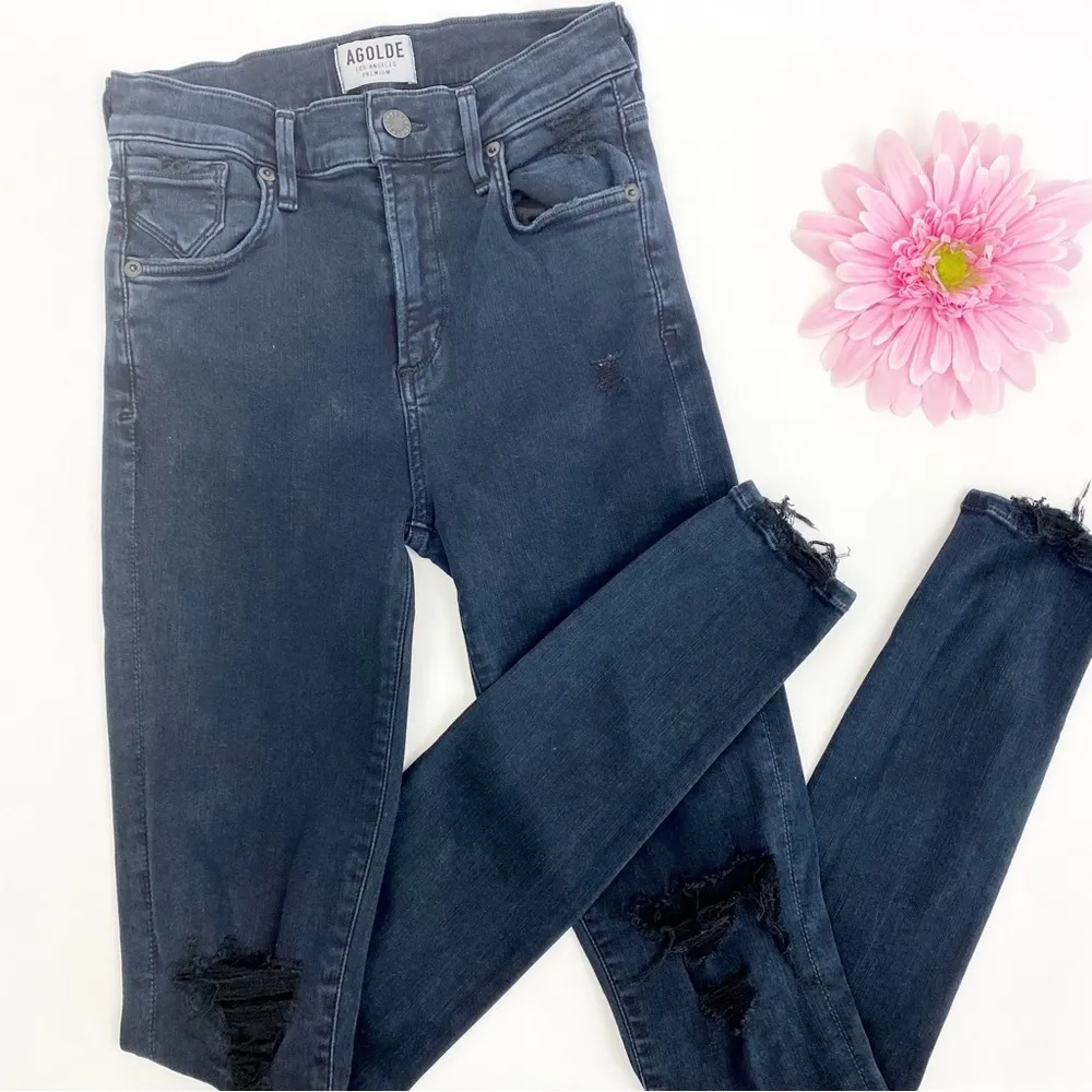 AGOLDE Sophie High Rise Distressed Skinny Jeans: Dark Wash Ruthless Black - Image 7