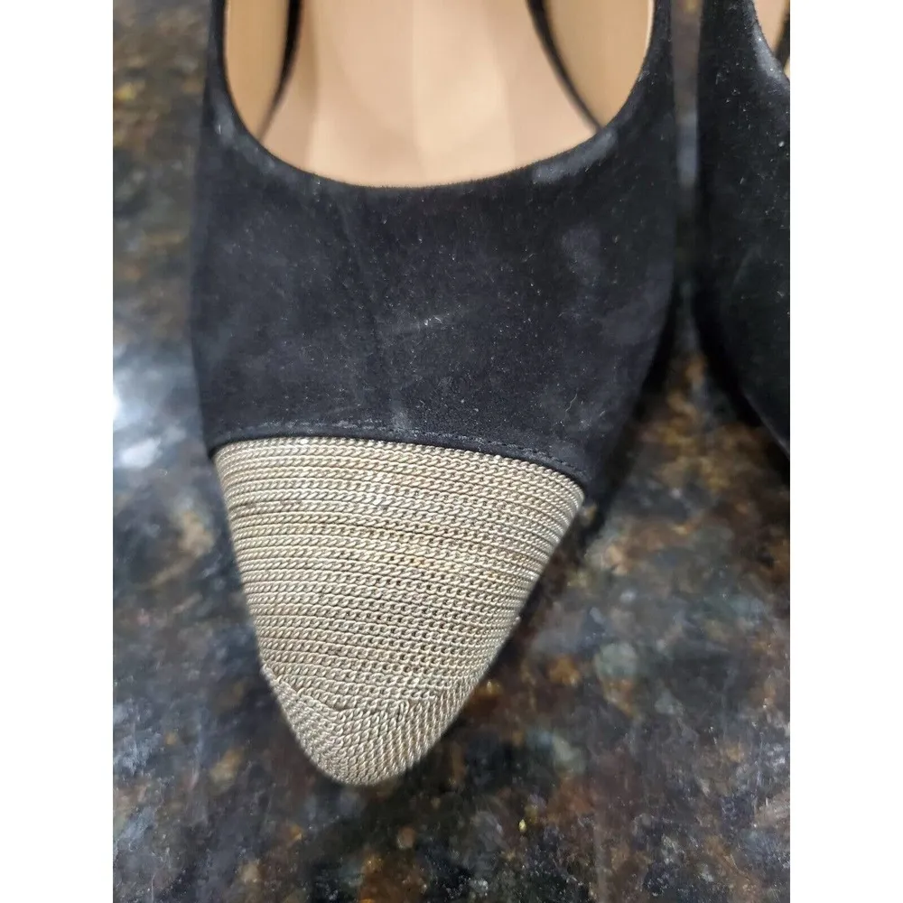 Salvatore Ferragamo Women's Black & Gold Toe More Suede Chain Cap-Toe Pumps 10 - Image 2