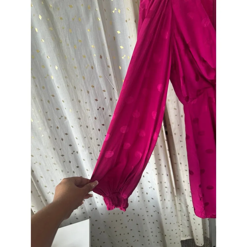 Zara Fuchsia Satin Polka Dot Smocked Wrist Sleeves Front Ruched Mini Dress XS - Image 3