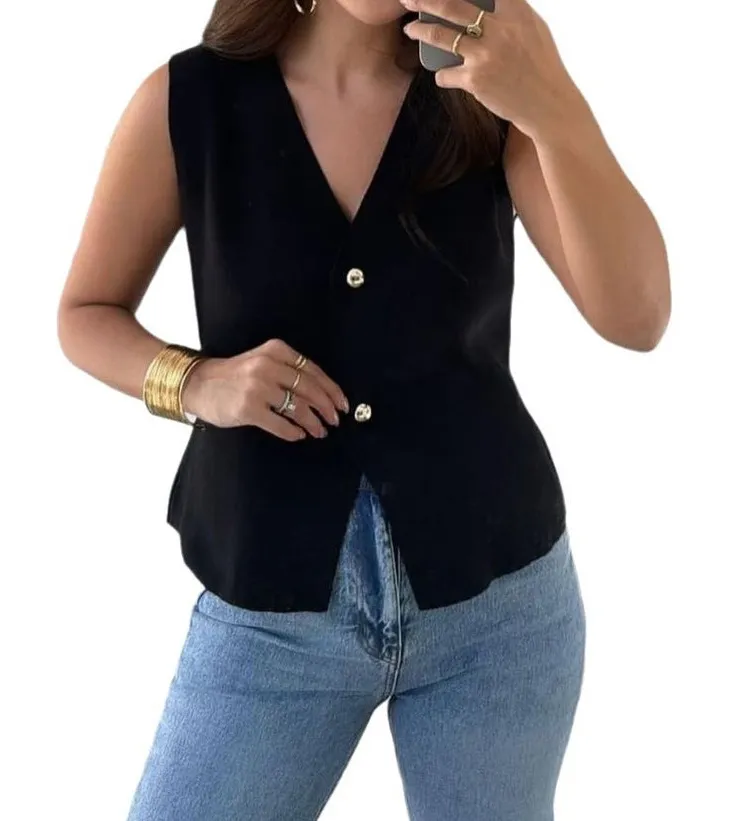 Bailey 44 NWOT True Black Sleeveless Gold Button V-Neck Knit Sweater Vest Medium - Image 1