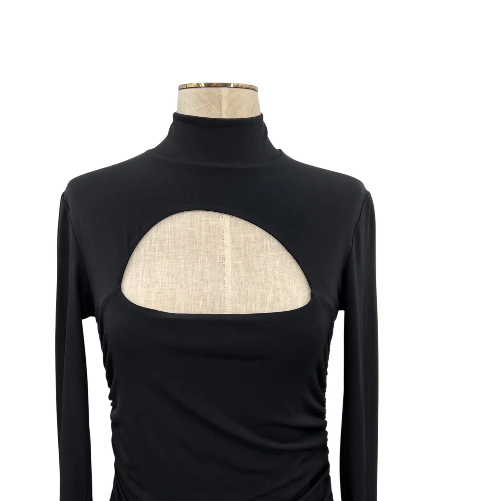 Nookie Charlize Mini Dress Long Sleeve Ruched Mock Neck Cut Out black Size Large - Image 3