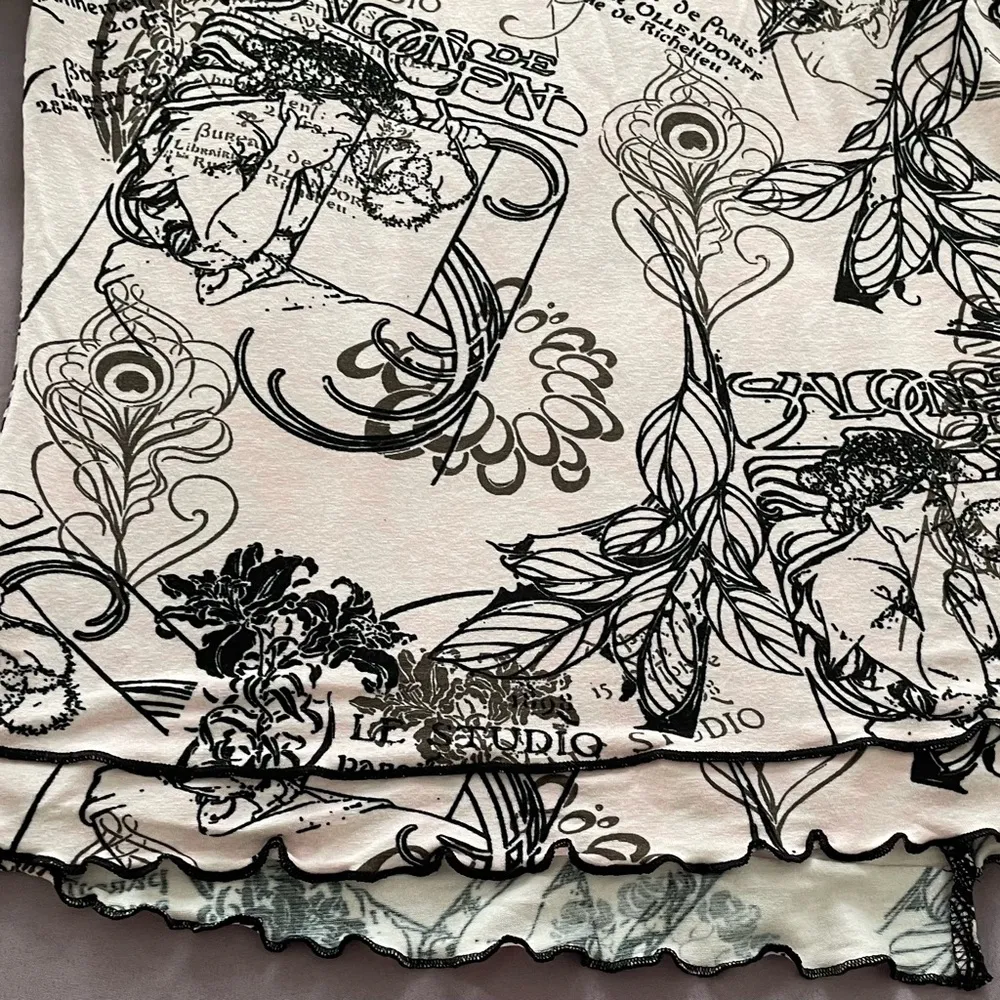 Armand Thiery Affinites French pink novelty newspaper boho blouse, size 2 art - Image 12