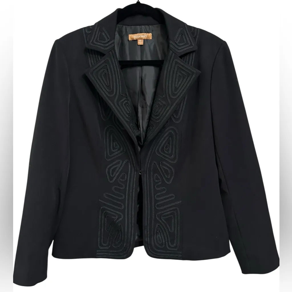 Ellen Tracy Womens Black Ribbon Notch Single Closure Blazer Pockets Business 10 - Image 1