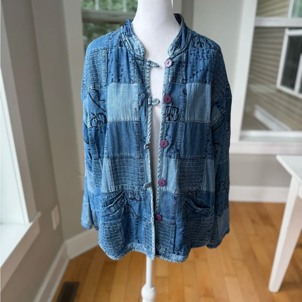 Vintage 90s Cherokee Denim Patchwork Chambray Lined Cotton Jacket Size Large Blue - Image 11