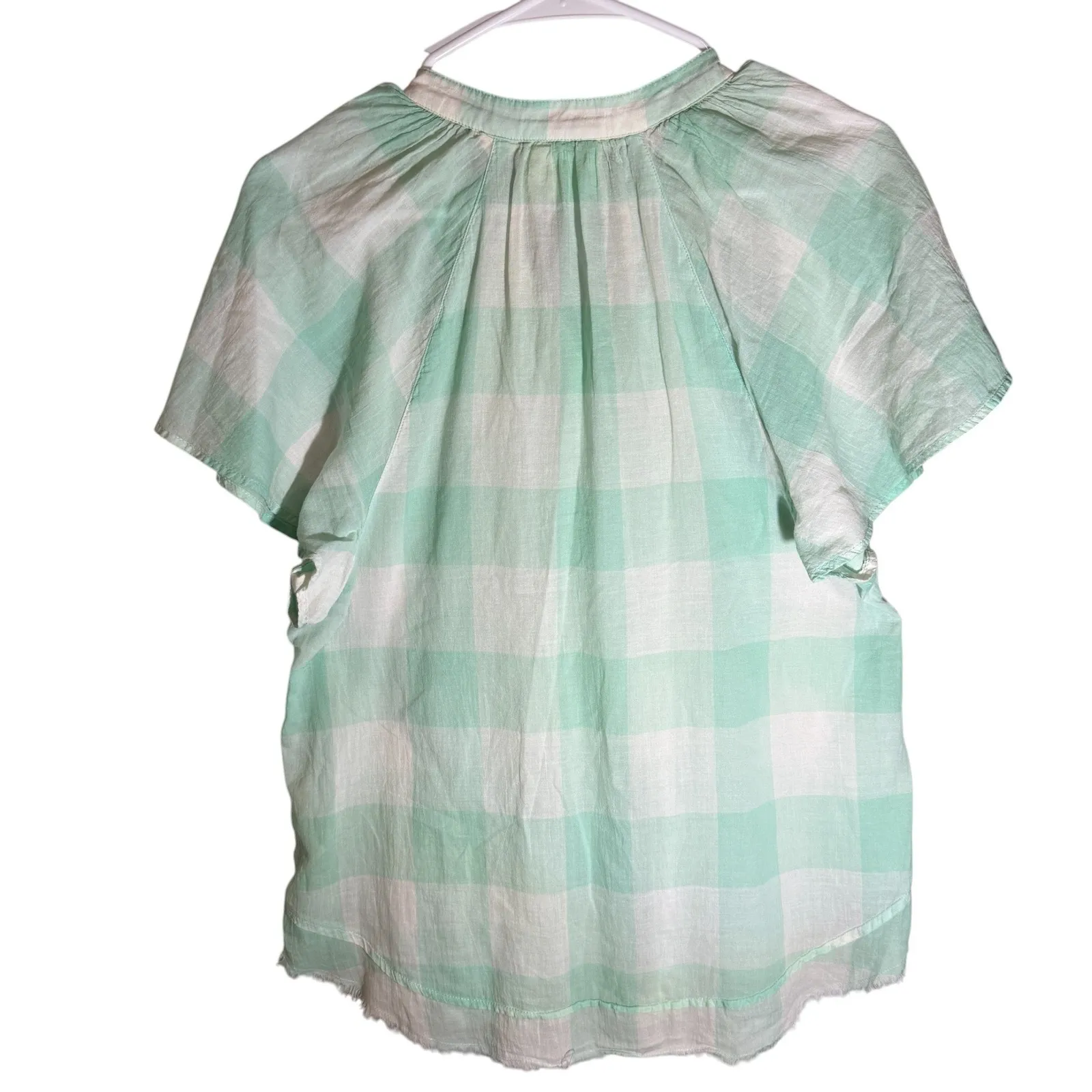 EUC Maeve Anthropologie Button Down Top Plaid Green White Short Sleeve Medium - Image 7