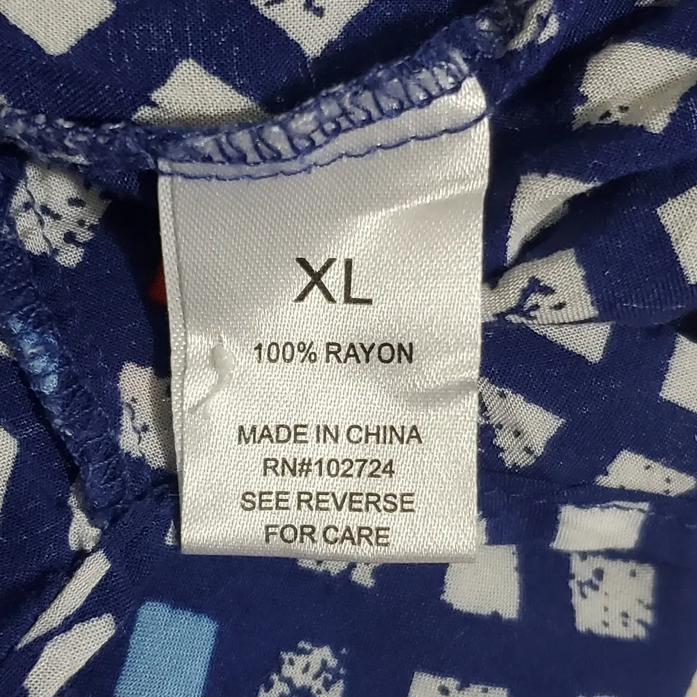 Grand & Greene Blouse Navy Blue Red White Lattice Print Roll Tab Cotton Size XL - Image 7