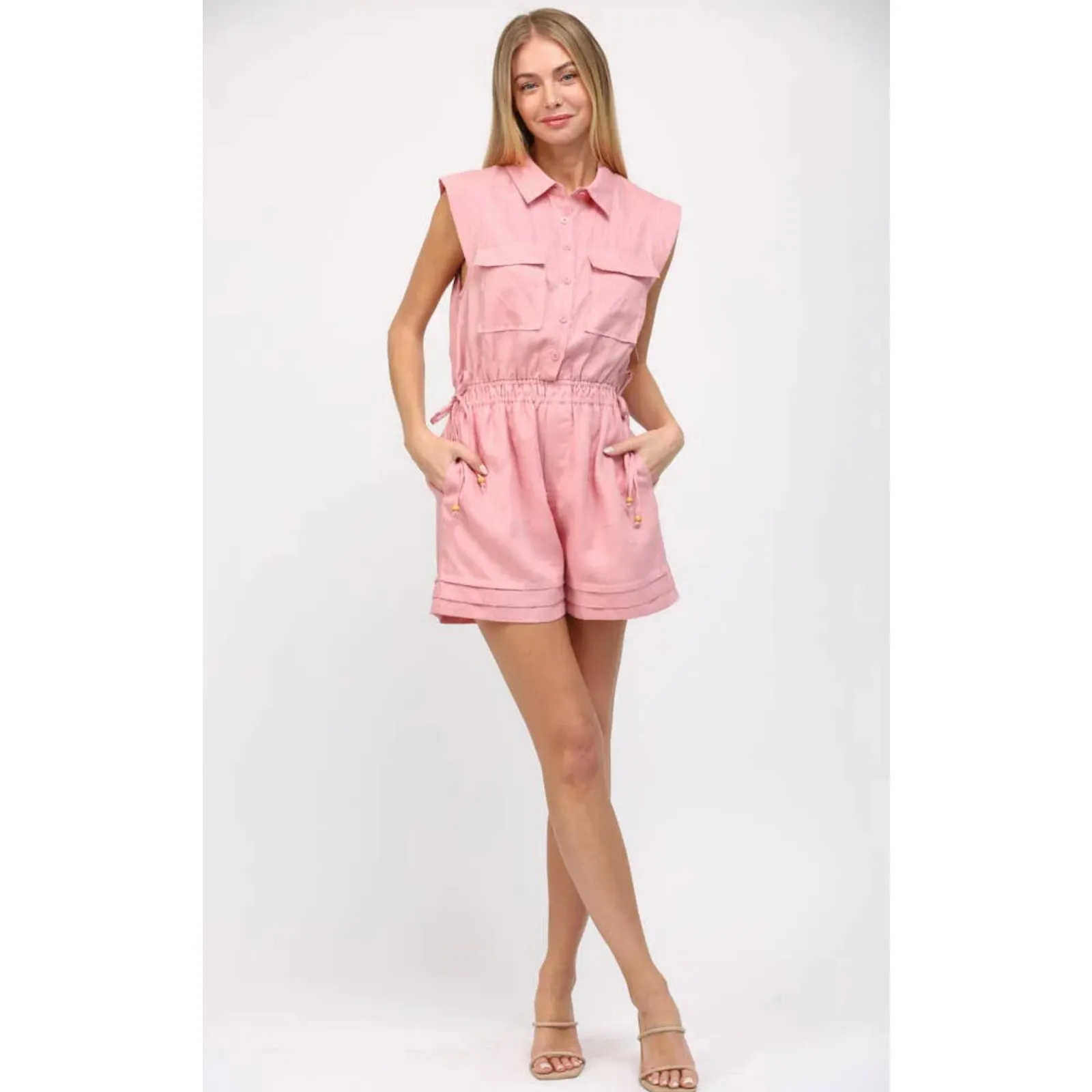 NWT Fate Front Patch Pocket Front Button Linen Romper Pink Size M - Image 2