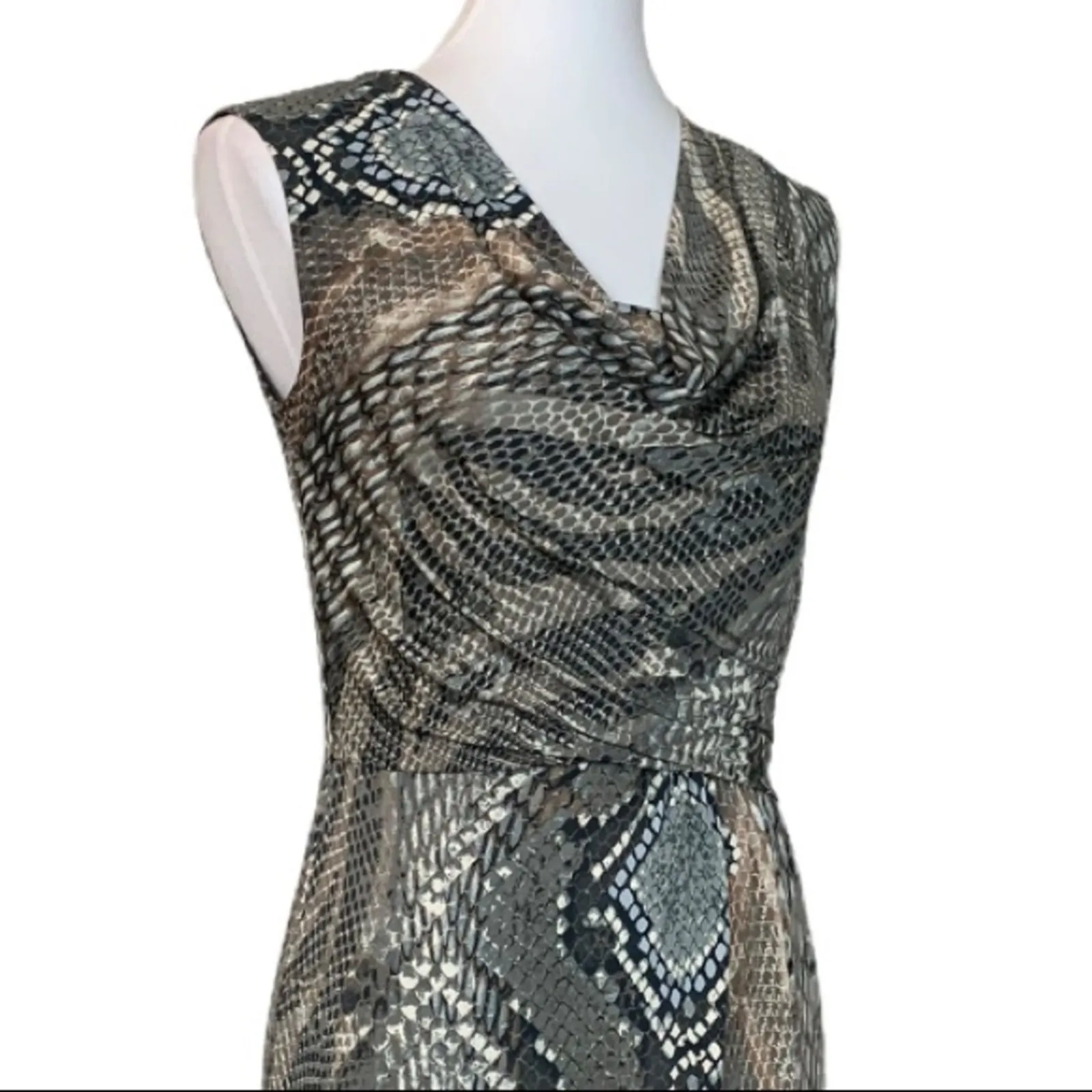 Dressbarn Sheath Dress Drape Cowl Neck Gray Tan Snake Print Women's Size 4 - Image 6