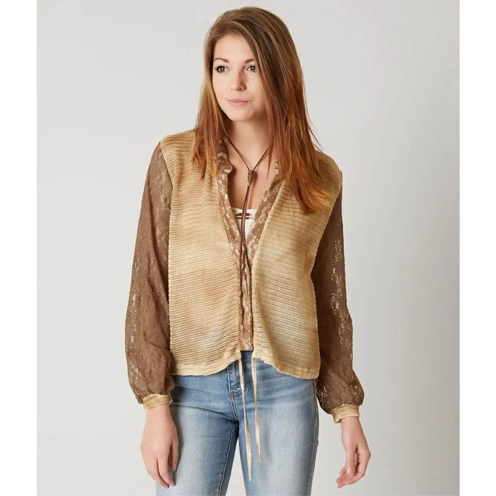 Womens Buckle Gimmicks by BKE Textured Open Weave Cardigan Top in Taupe - Sz XS - Image 2