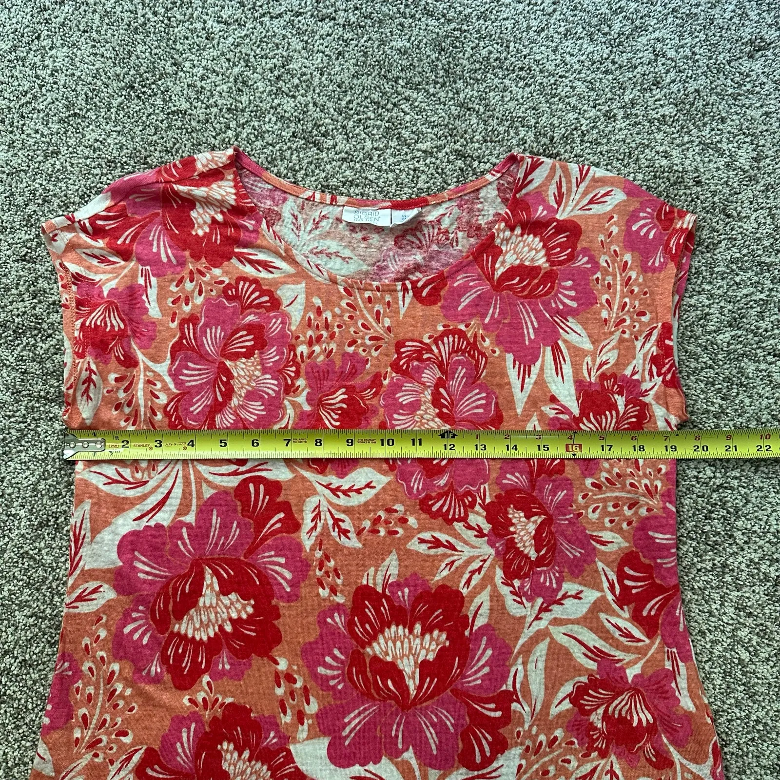 Sigrid Olsen pink, cream & red floral short sleeve linen top size L - Image 9