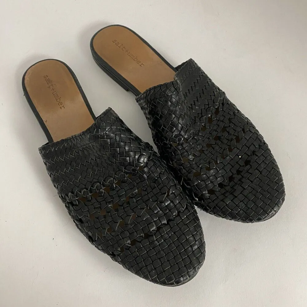 Salt + Umber Black Woven Leather Weaves Mules Slip On Flats Women’s 9 Feminine - Image 3