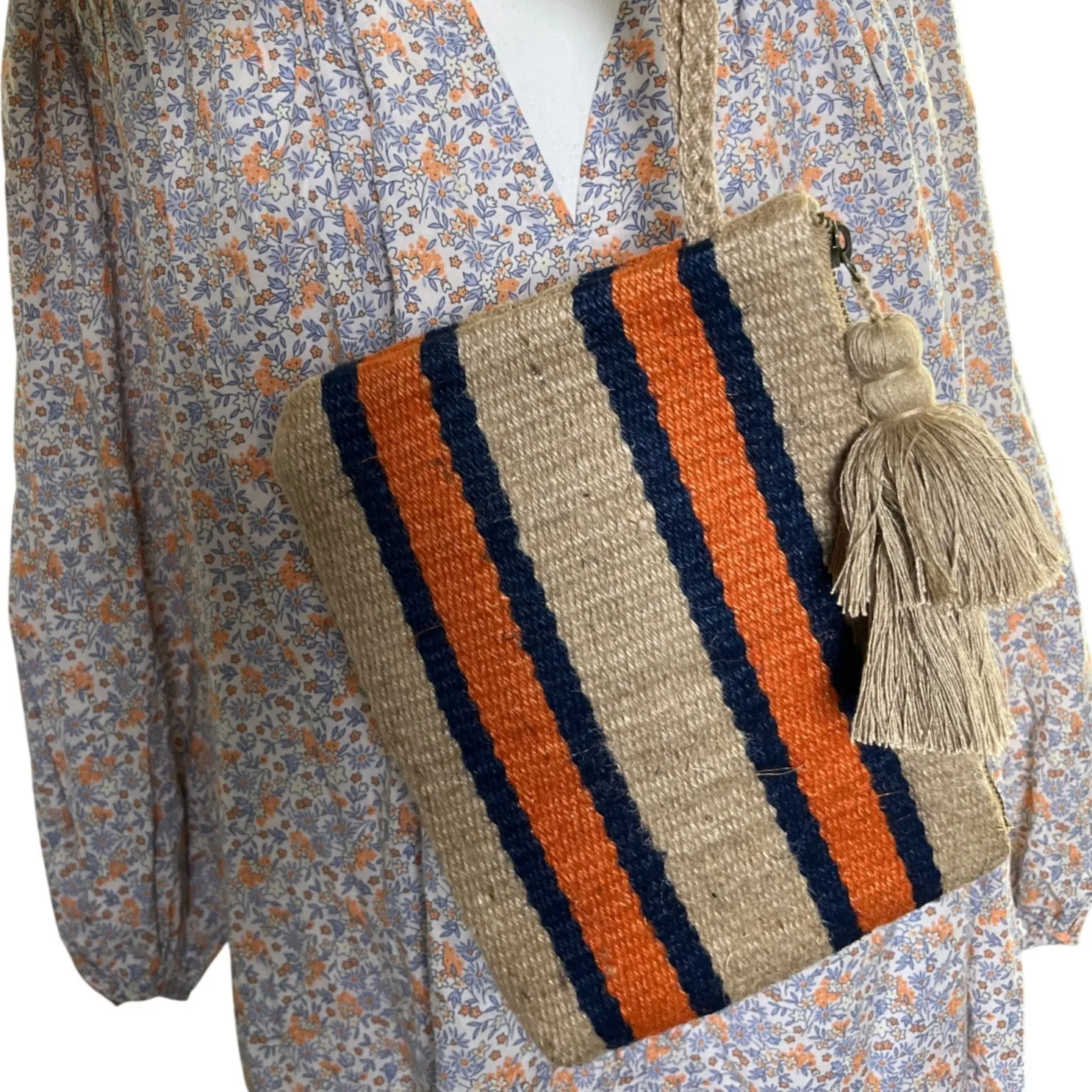 J.Jill Woven Jute Tassel Wristlet Clutch Striped Tan Navy‎ Orange Boho Bag - Image 3