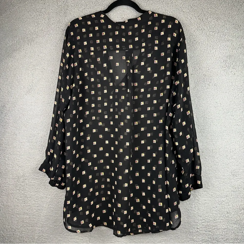 Pleione Top Womens 2X Black Ludo Dice Sheer Long Sleeve Button Up Blouse - Image 3