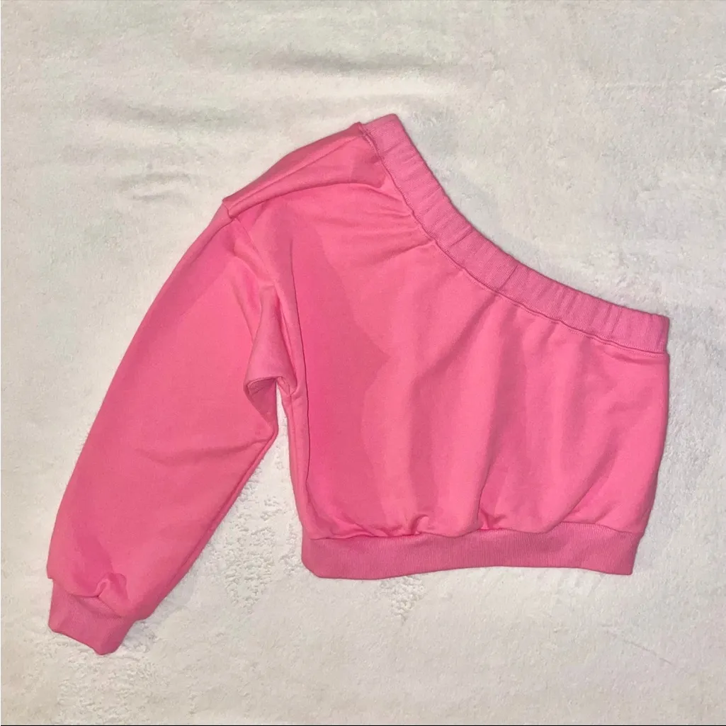 NWOT Ta Dah Boutique One Shoulder Pink Crop Sweatshirt size Small - Image 2