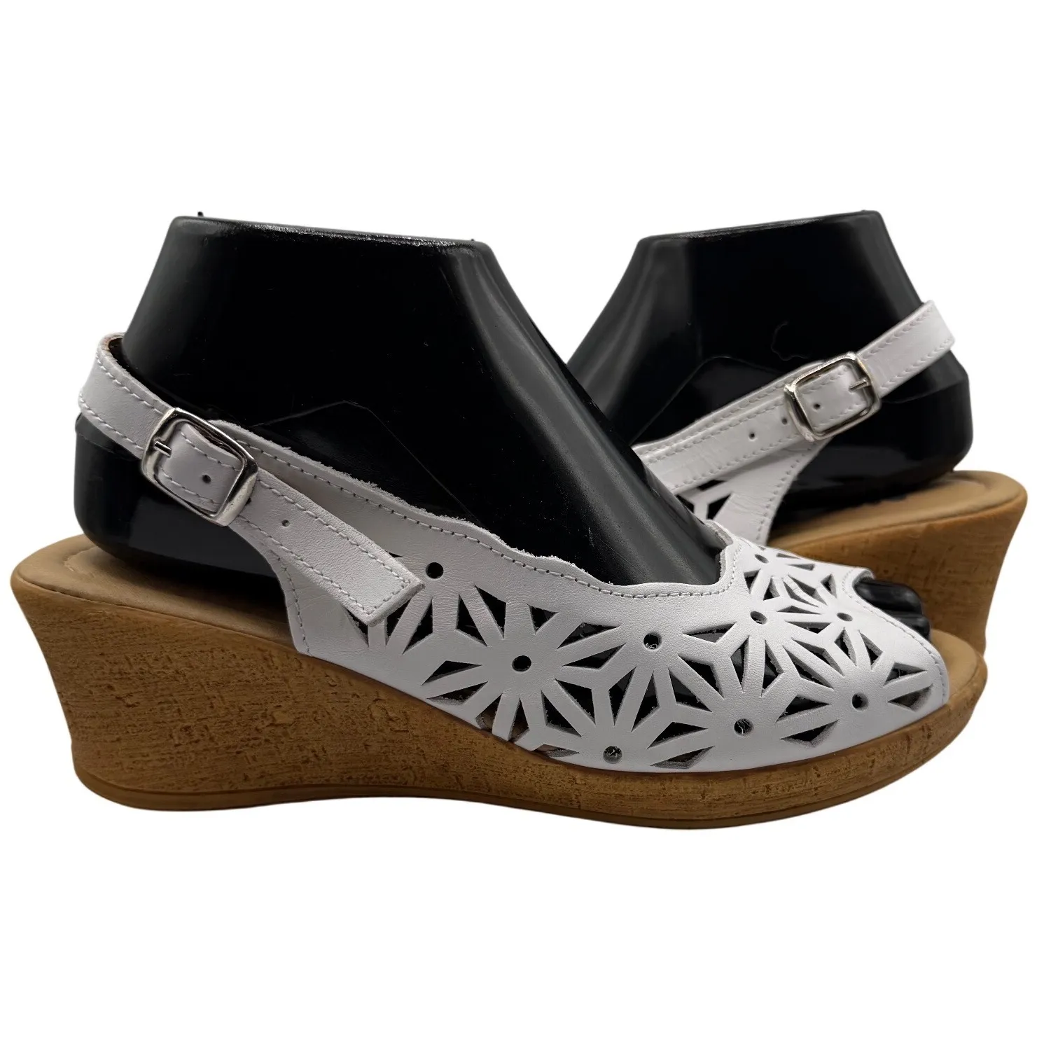 Spring Step Women 7 White Cutout Peep Toe Wedge Sandals Made in Italy Romance - Image 3