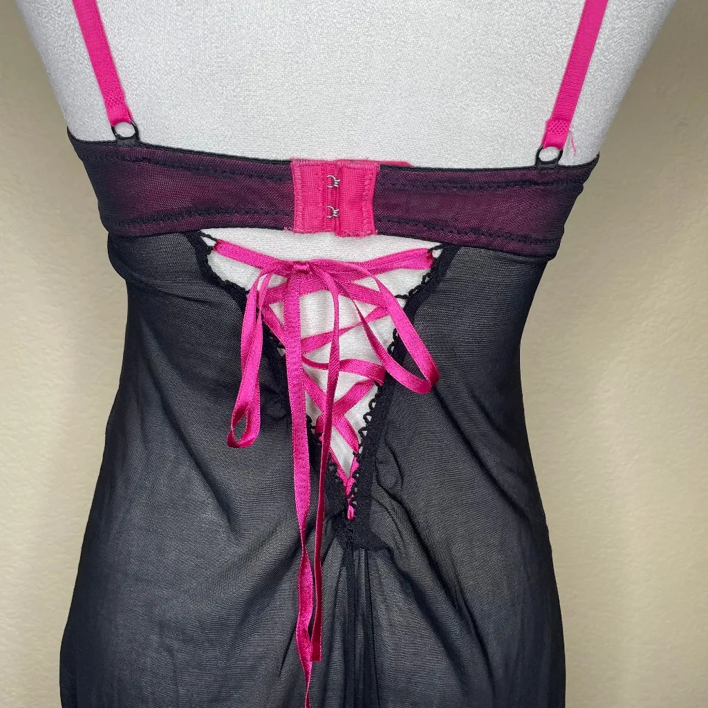 Y2K Vintage  Babydoll Black Pink Net Mesh Back Tie/Clasp Slip Dress 36C - Image 5