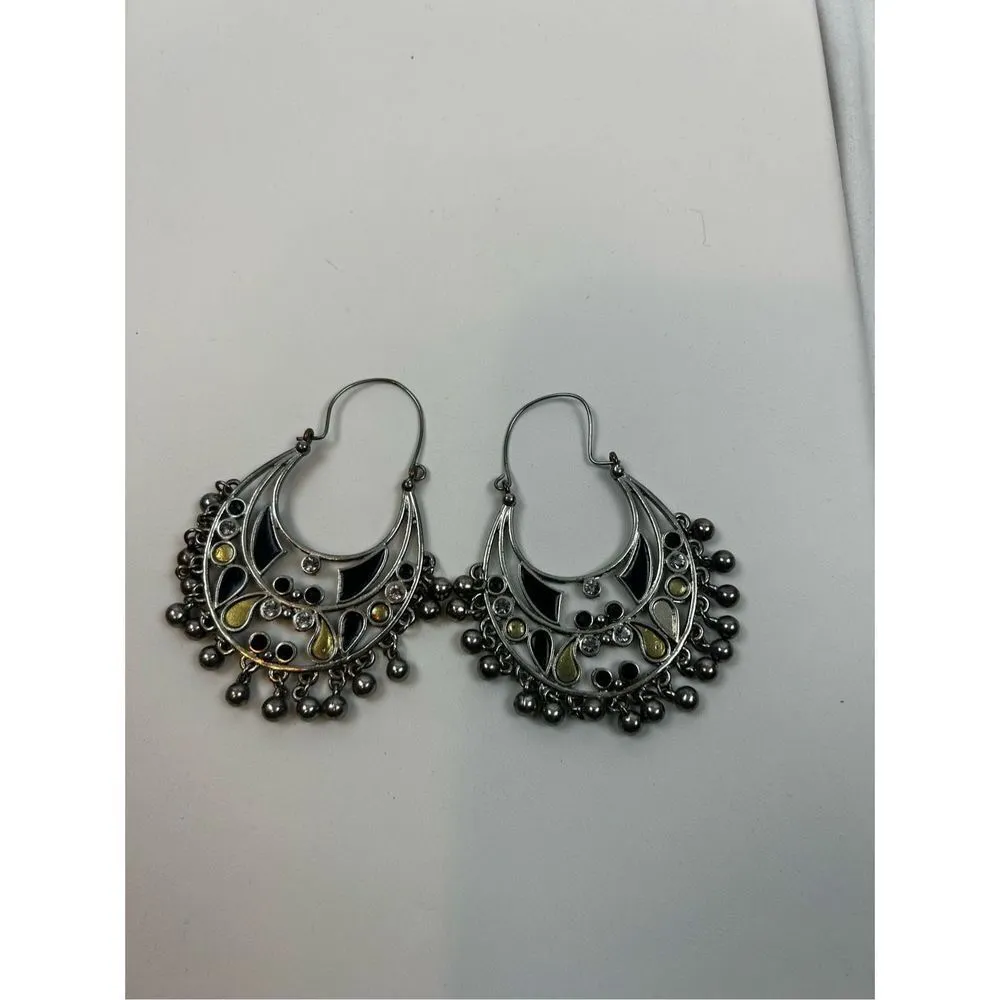 Silver bohemian tone Hoop Earrings w/ Olive Green & Black Enamel 2 3/4" and silv - Image 8